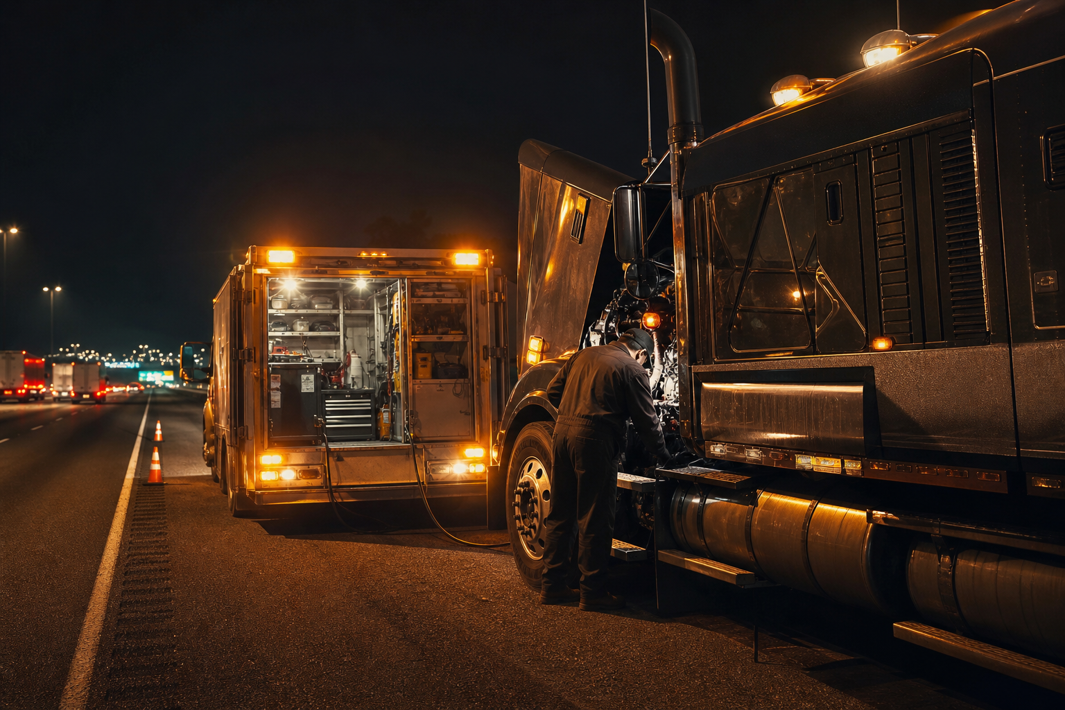 Mobile diesel tech repairing a semi on the roadside